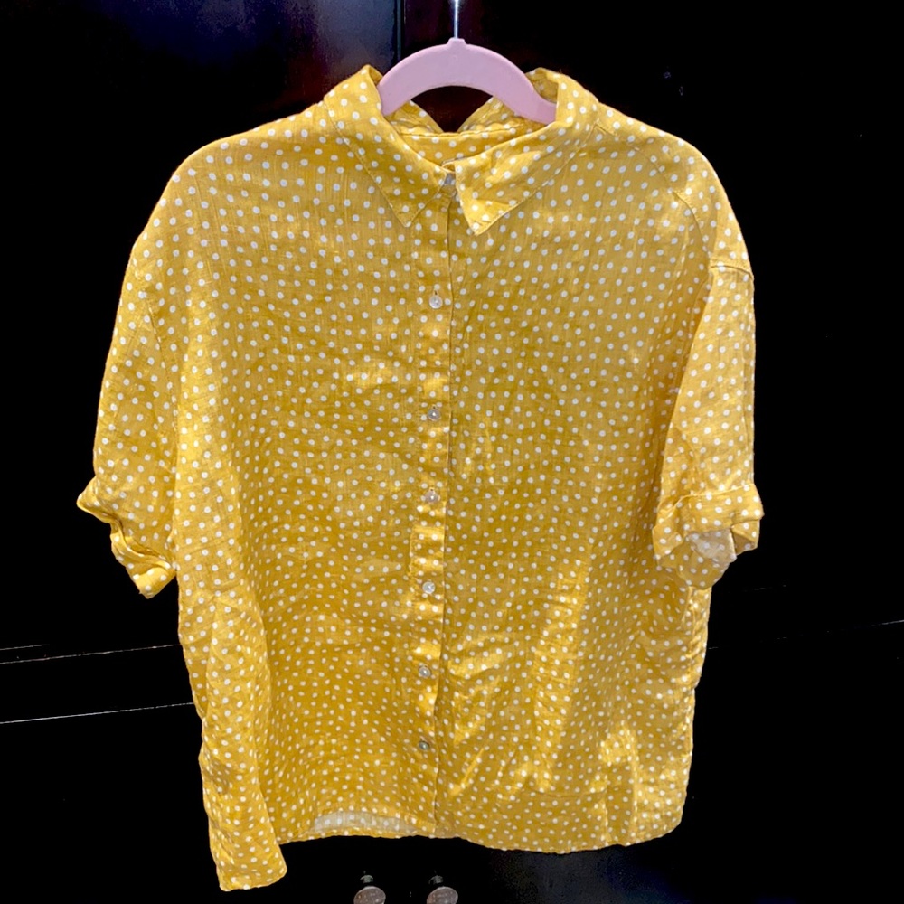 RACHEL ZOE Mustard Linen Polka Dot Print Button-Up Top